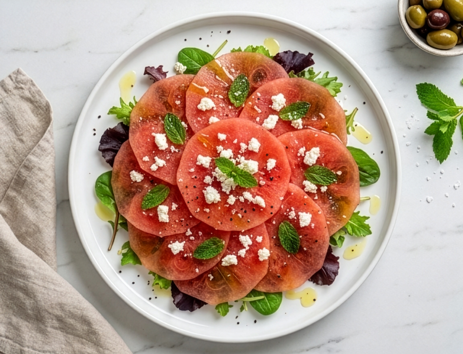 Carpaccio di anguria, misticanza, feta greca e menta