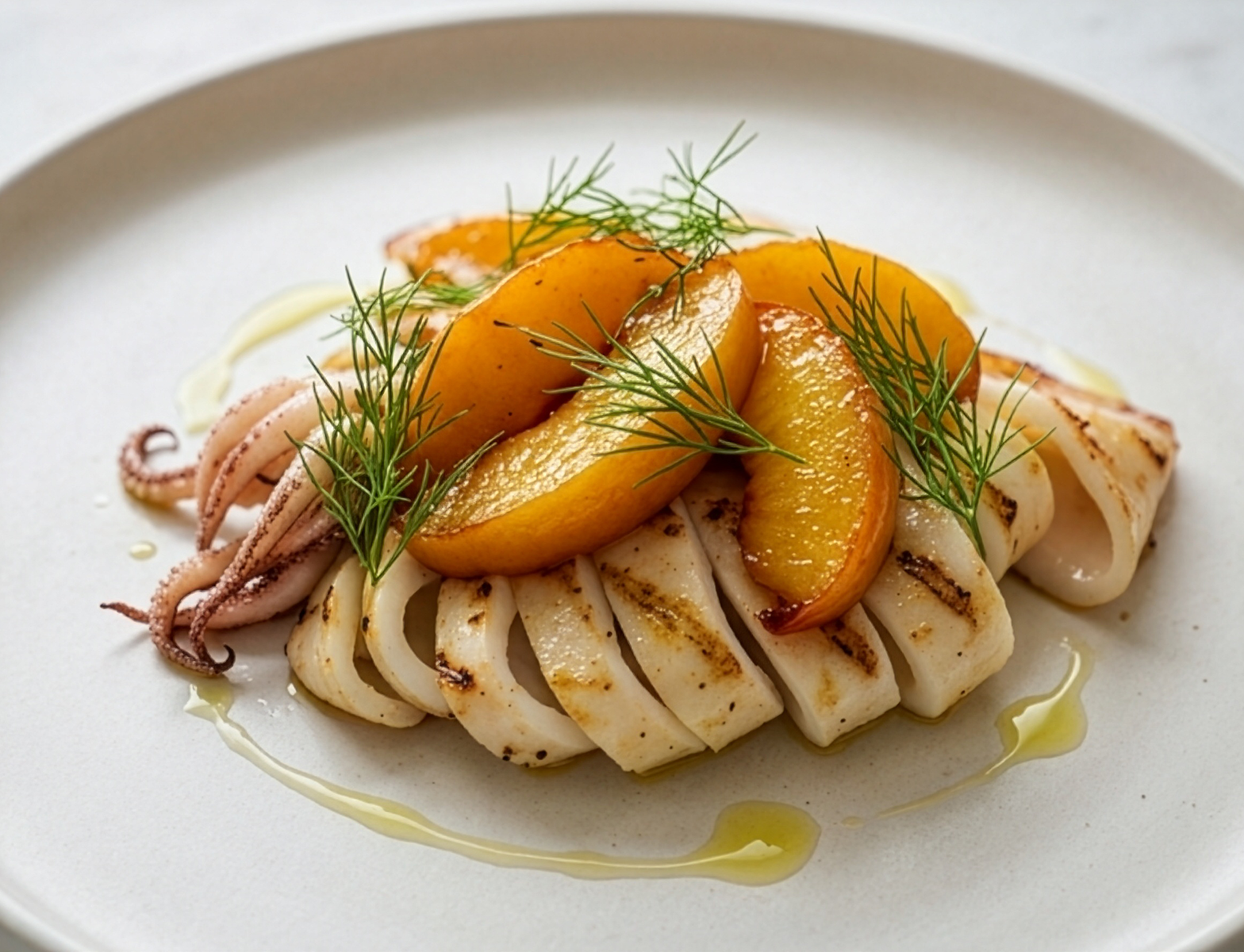 Calamari grigliati, pesche percoche in porchetta e finocchietto