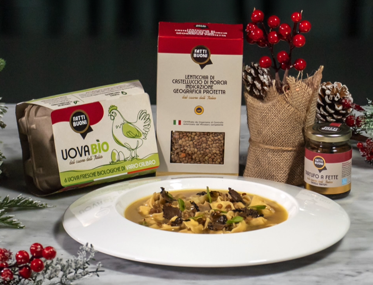 Cappelletti trota e limone in brodo di lenticchie, tartufo e alloro