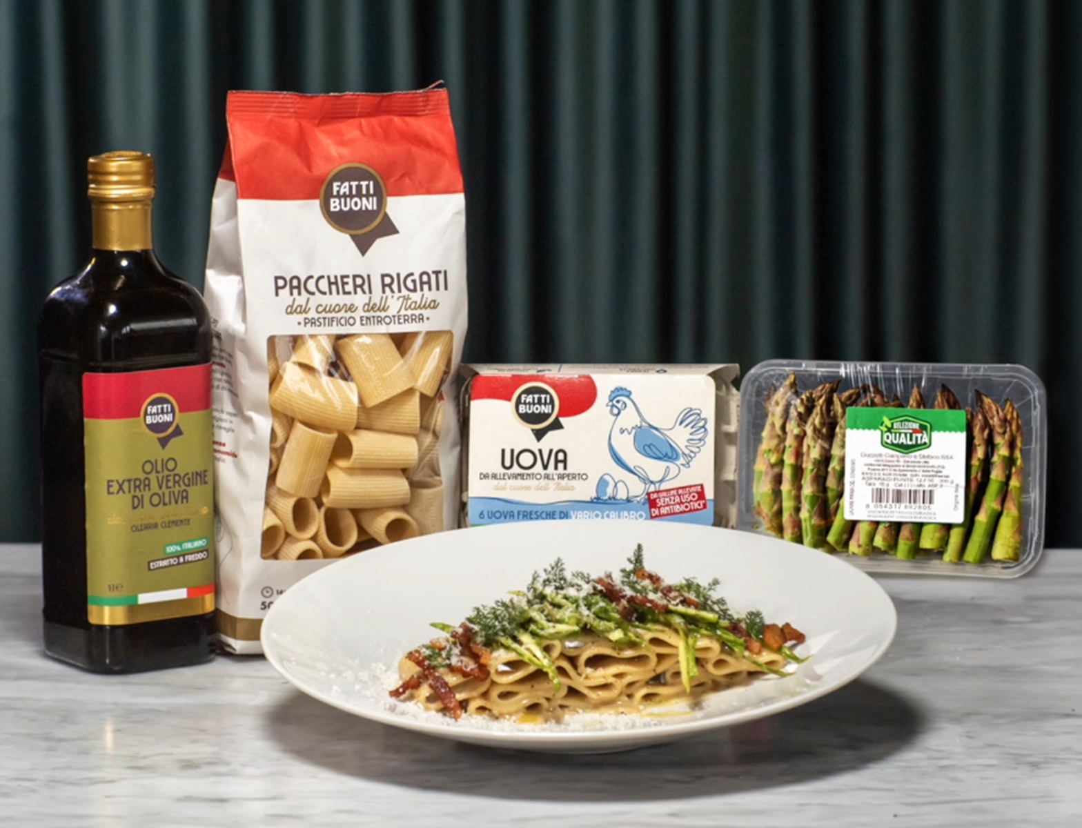 Paccheri alla Carbonara di asparagi e finocchietto selvatico