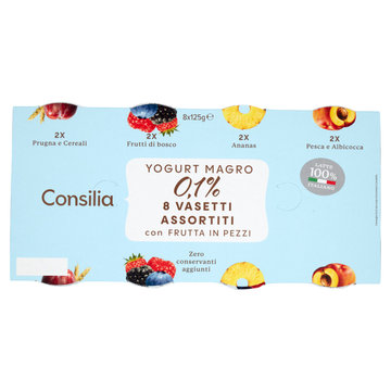 Consilia Yogurt Magro 0,1% Gusti Assortiti: Fr.di Bosco, Pesca/Albic, Prugne/Cereali, Ananas 8x125
